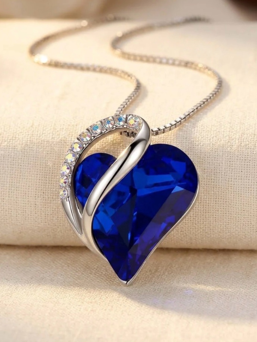 Silver Sapphire Heart Necklace - Deep Blue Heart Pendant